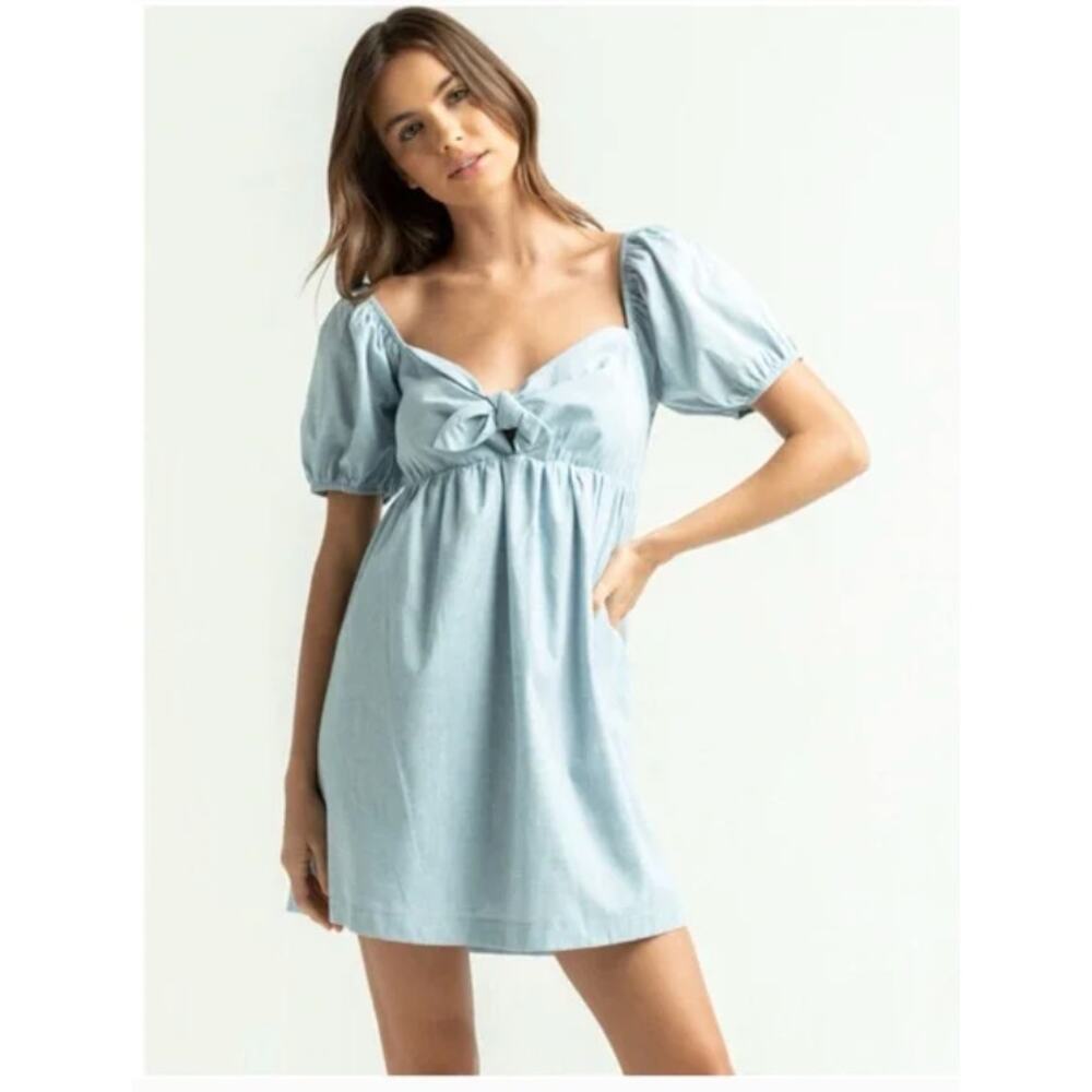 Lost + Wander Chambray Puff Sleeve Babydoll Dress Small NWT Smocked Back